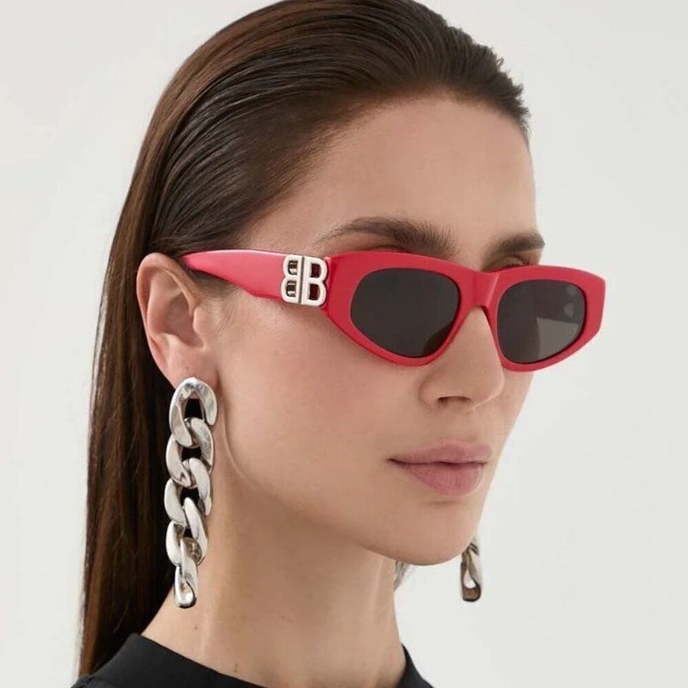 SALE! NEW Balenciaga BB0095S 016 Red Silver Logo Grey Cat Eye Unisex Sunglasses - Picture 14 of 15